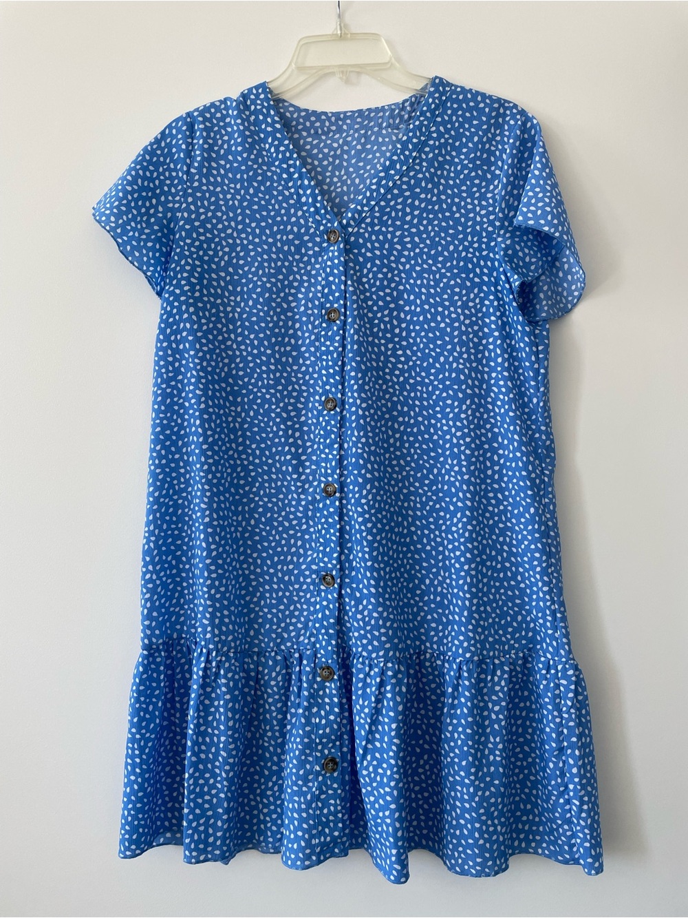 Button Dress with Ruffle Hem - Short Sleeve Blue and White Pattern